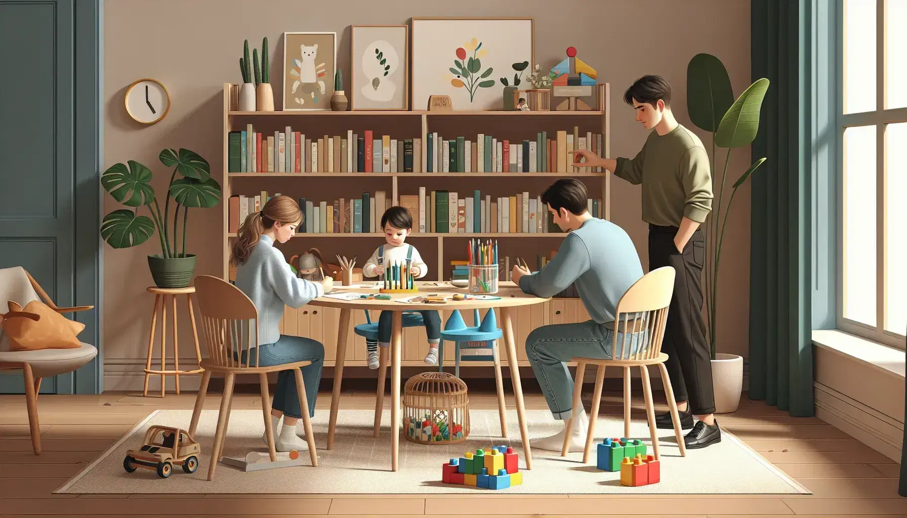 Familia disfrutando de un momento juntos en casa, con un adulto y un niño sentados en una mesa redonda de madera participando en una actividad lúdica, mientras otro adulto observa, rodeados de un ambiente cálido y acogedor.