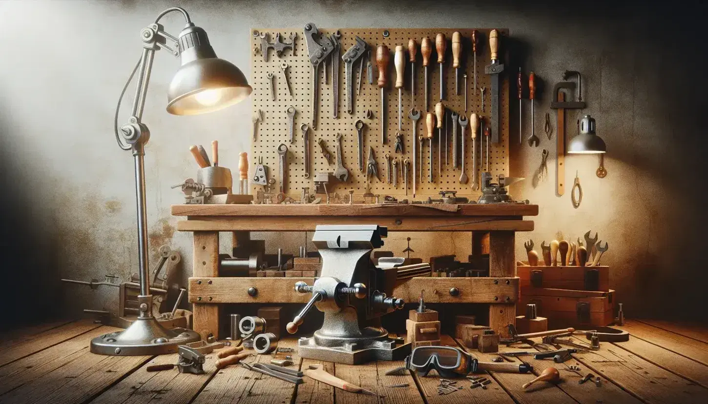 Messy inventor's workshop with workbench and various tools, lit floor lamp and partially disassembled mechanical device.