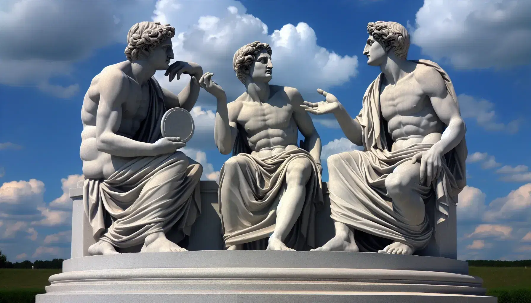 Esculturas de tres figuras humanas de piedra en estilo clásico dialogando al aire libre, bajo un cielo azul con nubes y una estructura de columnas al fondo.