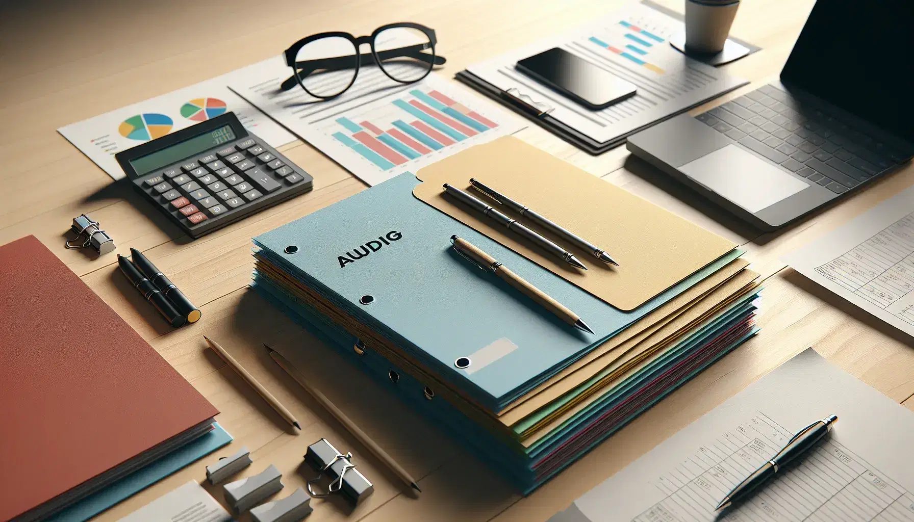 Escritorio de oficina con carpetas de colores, calculadora, lápices, bolígrafo y gafas, con un portátil al fondo en un ambiente de trabajo organizado.