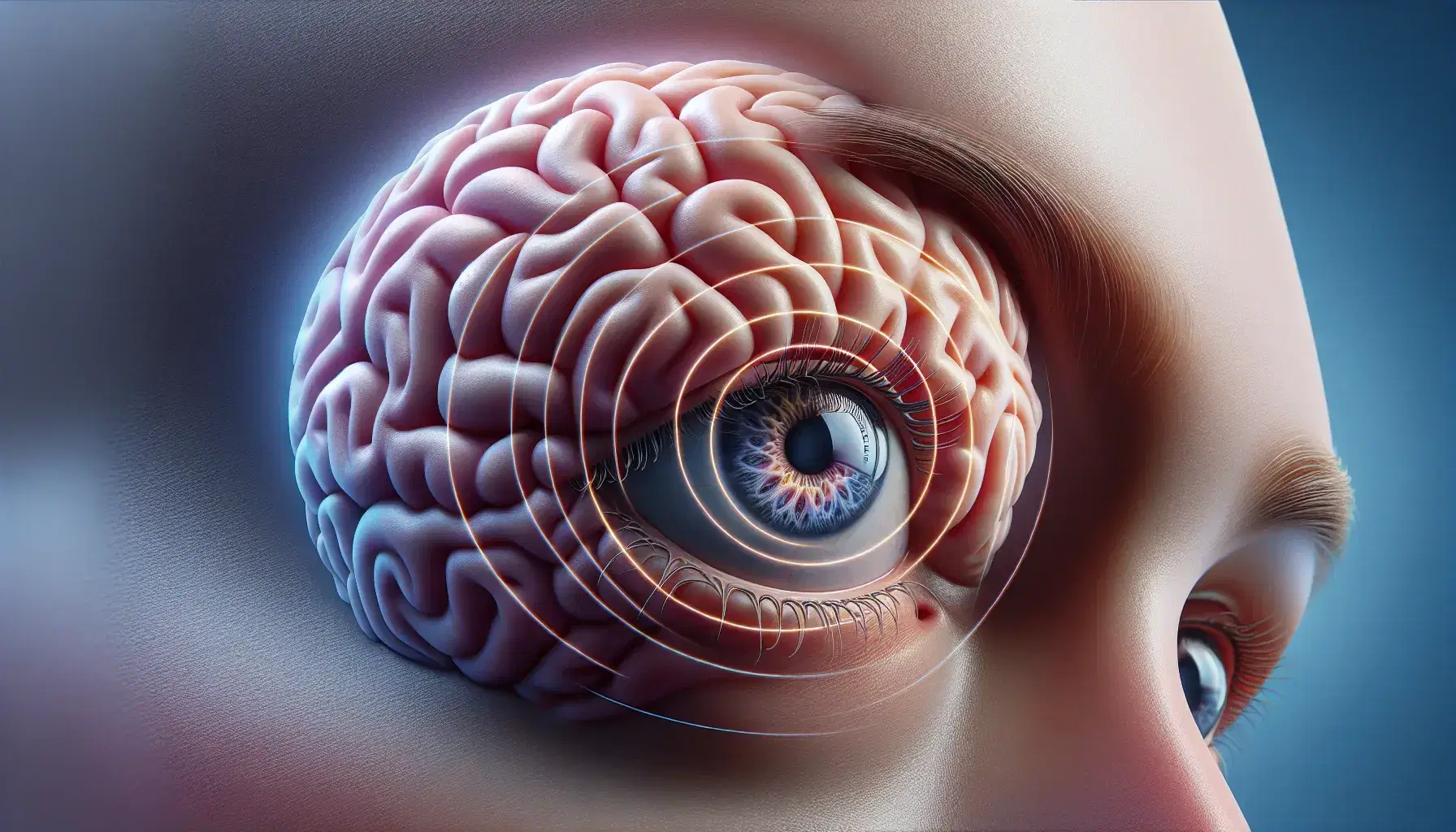 Human brain in lateral view with anatomical details, eyes with blue irises and semi-transparent concentric circles indicating the point of attention.