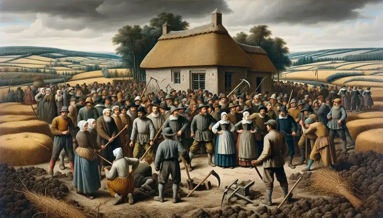 Early 16th-century rural landscape with agitated peasants in simple attire, holding worn farming tools near a thatched cottage, under a gray-blue sky.
