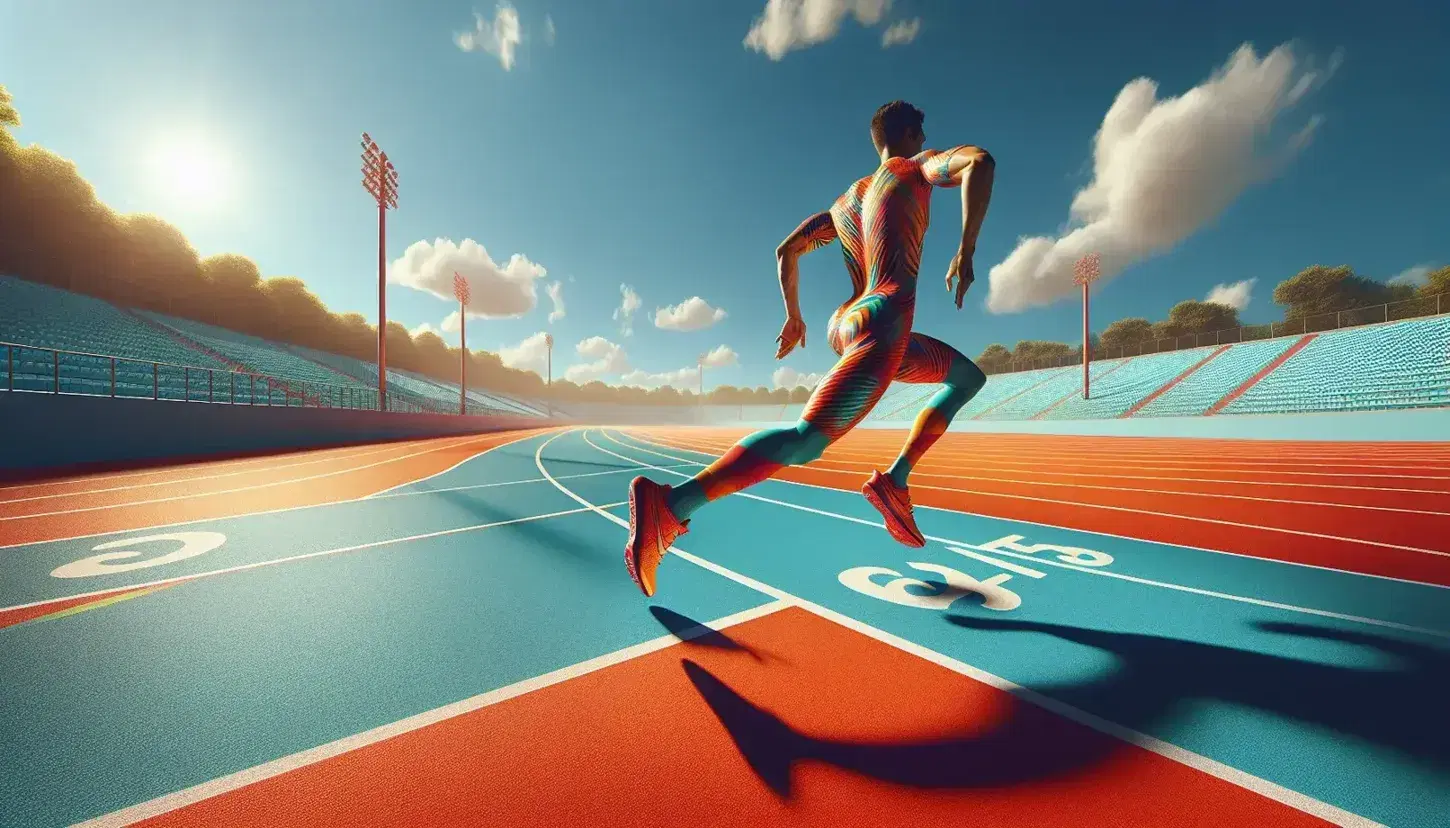Atleta en plena carrera sobre pista de atletismo naranja-roja con líneas blancas, gradas vacías al fondo y cielo azul con nubes.
