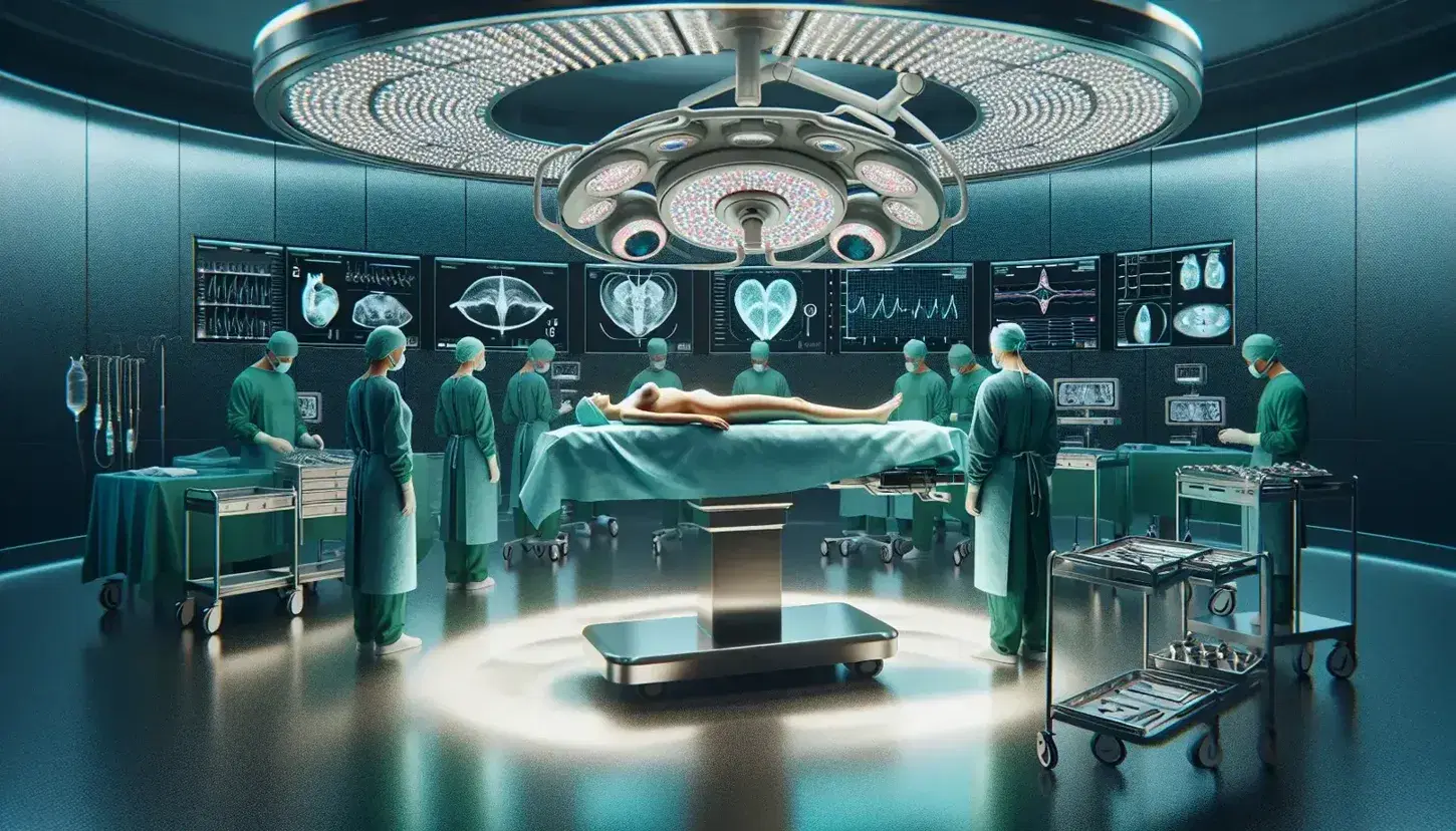 Sala de operaciones moderna con mesa quirúrgica, equipo médico enfocado y monitores, bajo iluminación intensa y sin textos visibles.