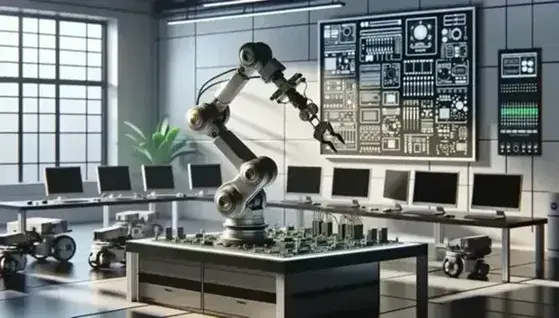 Braccio robotico grigio manipola circuito elettronico in laboratorio tecnologico con monitor spenti, piante verdi e robot disco inattivo.