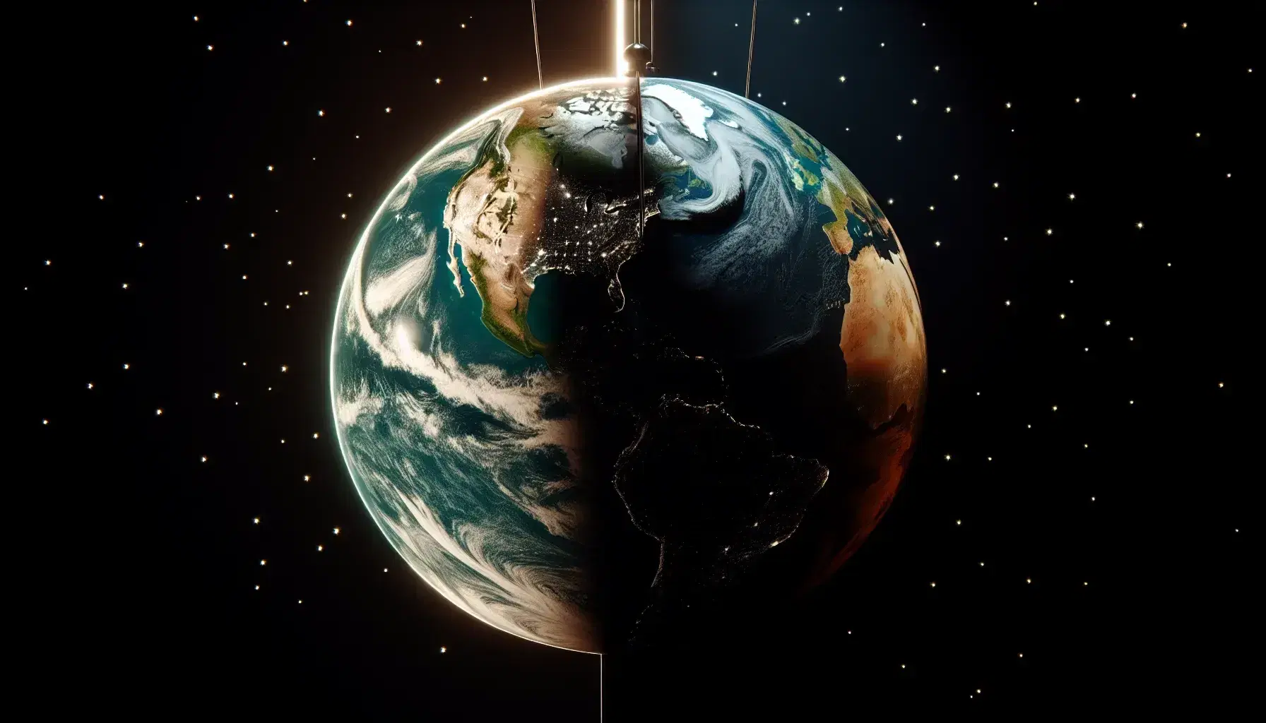 Globo terrestre inclinato nello spazio con emisfero illuminato e stelle sullo sfondo nero, senza testi.