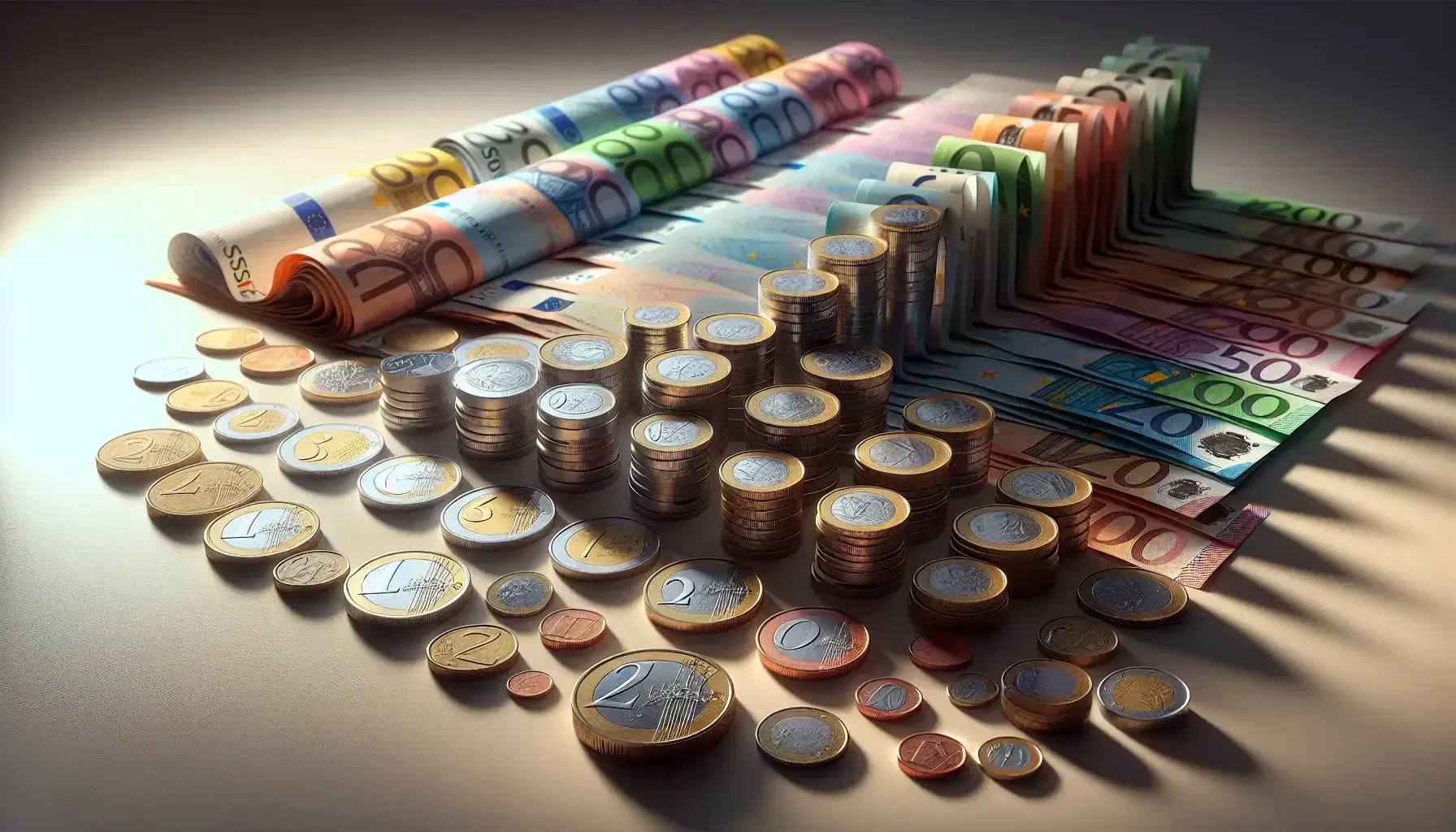 Monete in argento di varie dimensioni e banconote colorate piegate a ventaglio su superficie chiara, simboleggiano valori crescenti in euro.