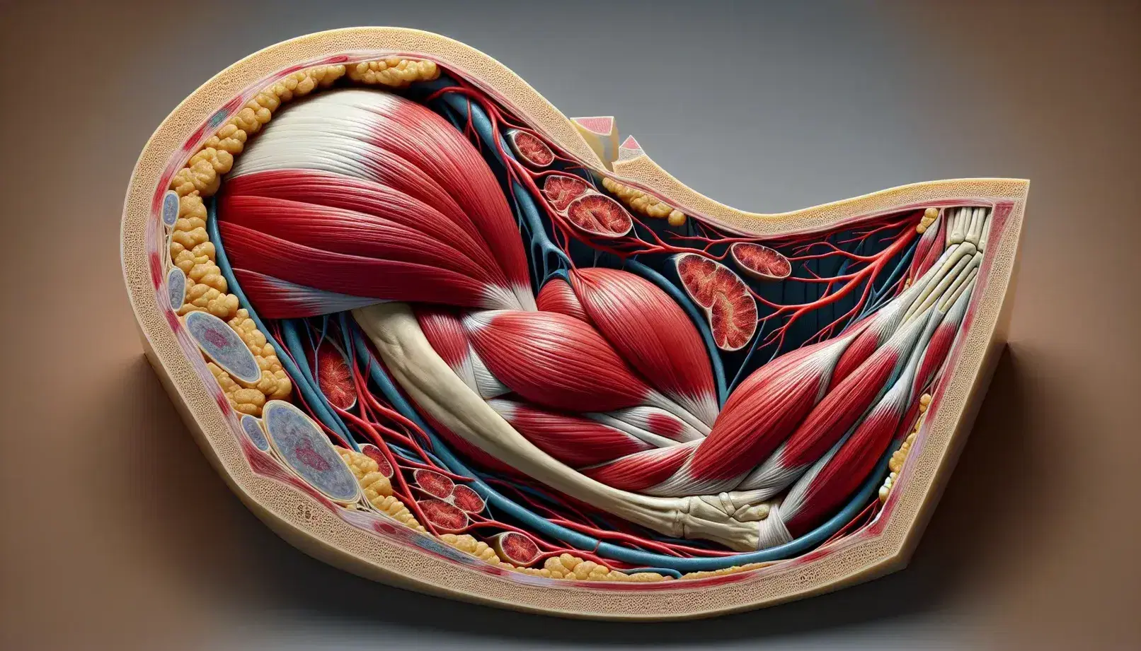 Sezione trasversale anatomica dell'arto superiore umano mostrando il muscolo bicipite, tessuto connettivo, osso omero, vasi sanguigni e tessuto adiposo.