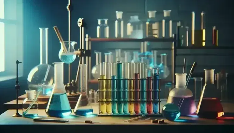 Laboratorio de química con tubos de ensayo de colores, matraz Erlenmeyer, vaso con solución púrpura y mechero Bunsen encendido, sin personas.