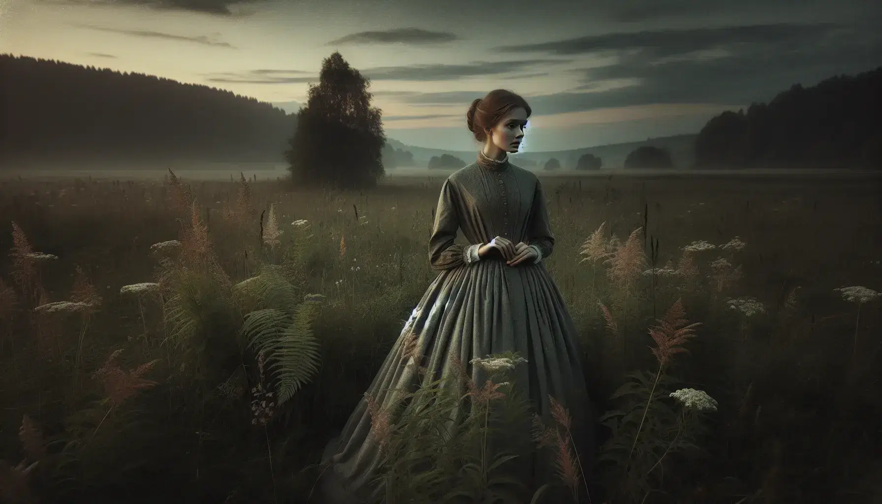 Victorian woman in muted dress stands contemplatively in a twilight-lit field with wildflowers, holding a straw hat, exuding a serene, historical ambiance.