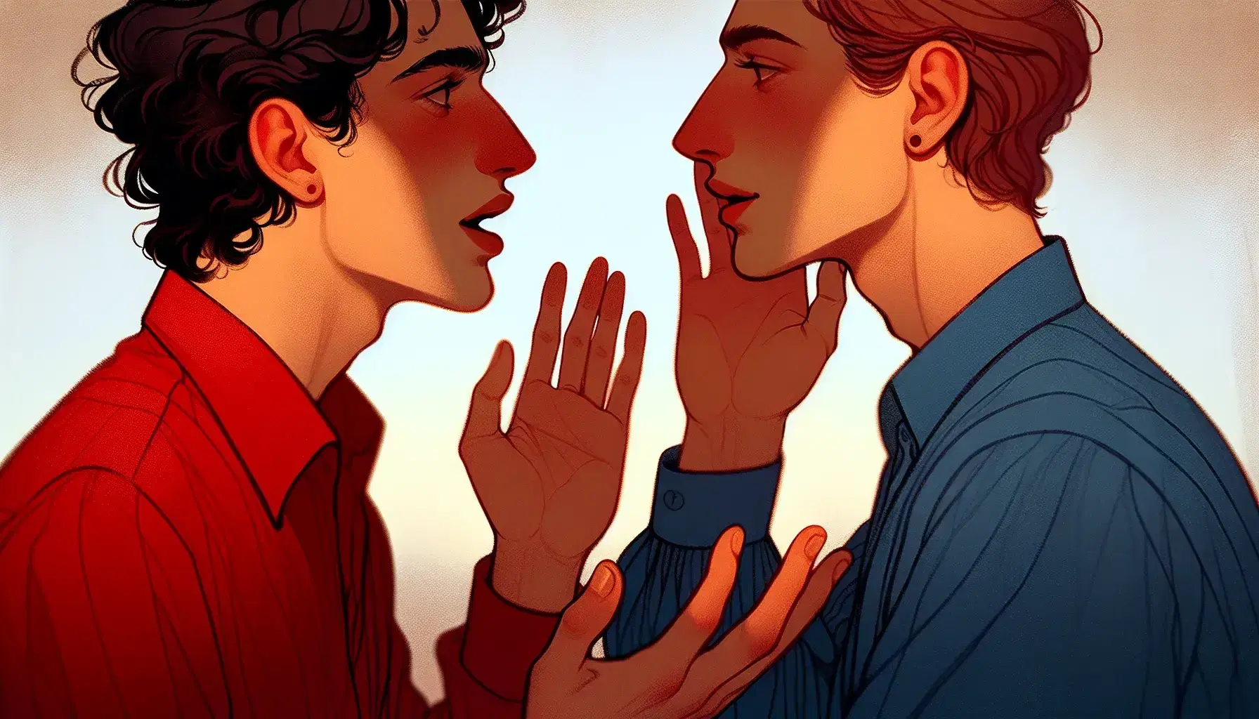 Two people in conversation, one gesturing with palms up in a red shirt, the other listening and touching their ear, against a blurred background.