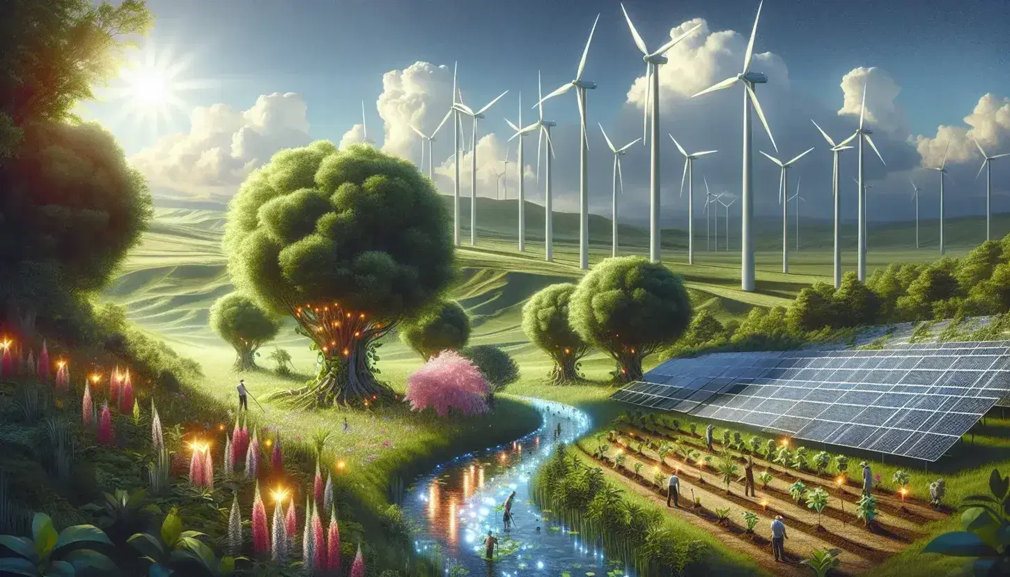Paisaje natural con biodiversidad, árboles frondosos, arroyo, molinos de viento y paneles solares, con personas plantando árboles bajo un cielo azul.