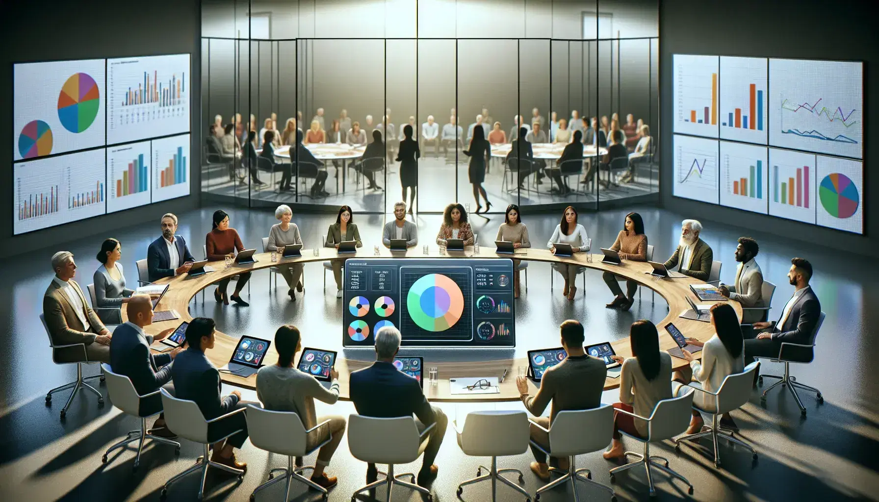 Diverse focus group participants with tablets discussing charts around a table, observed through a two-way mirror in a market research session.