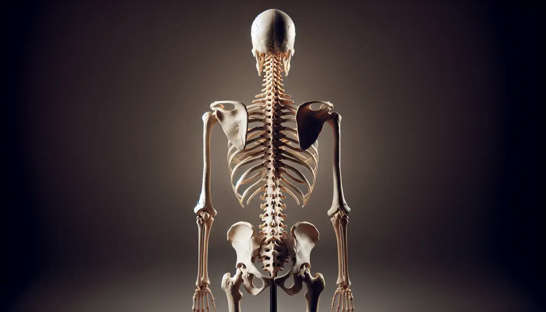 Esqueleto humano de tamaño real visto desde atrás, destacando la columna vertebral con sus curvas cervicales, torácicas y lumbares, y la estructura ósea de la pelvis.