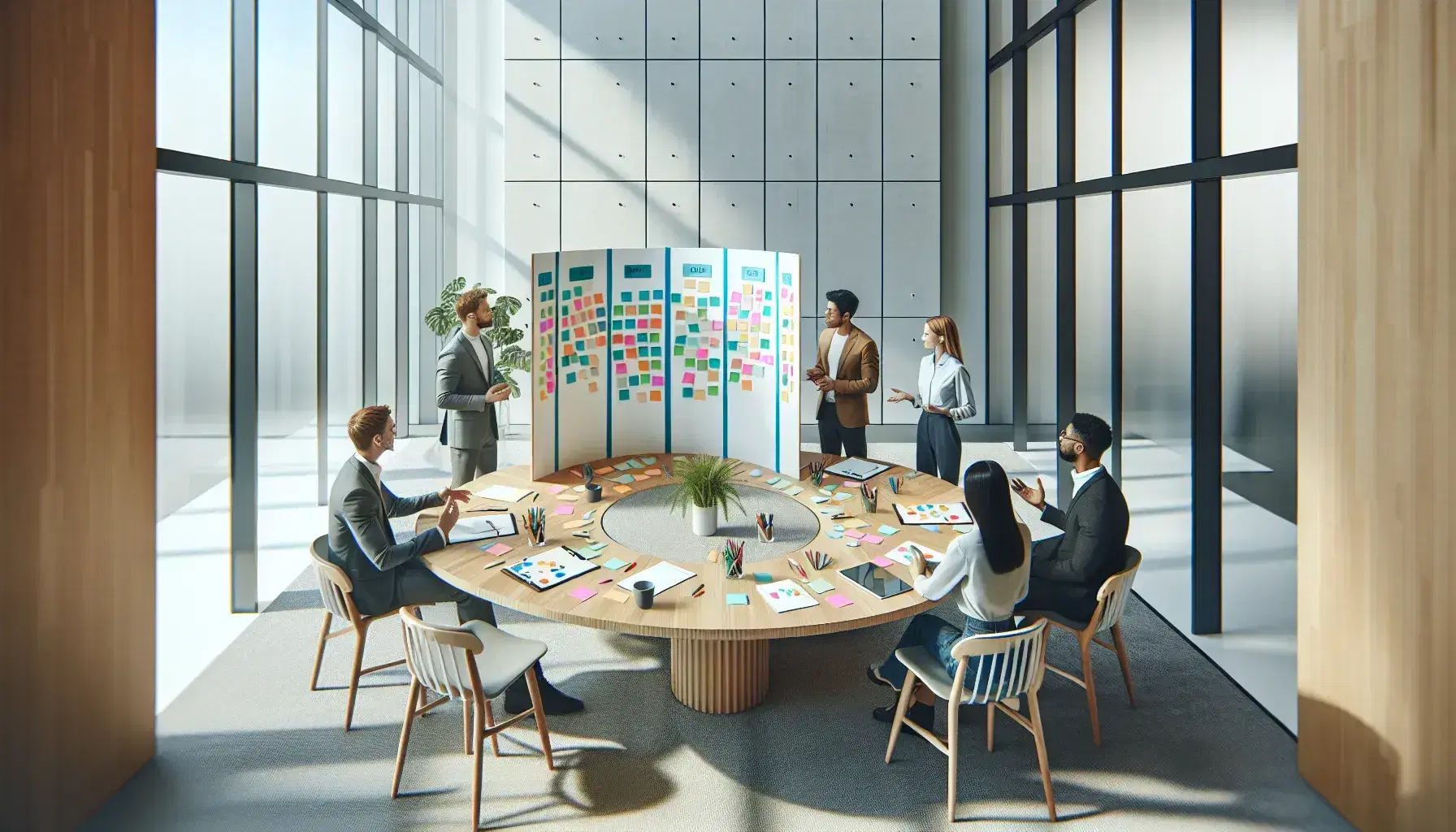 Group of five people meeting around circular table in modern office, with colorful sticky notes and whiteboard for brainstorming.