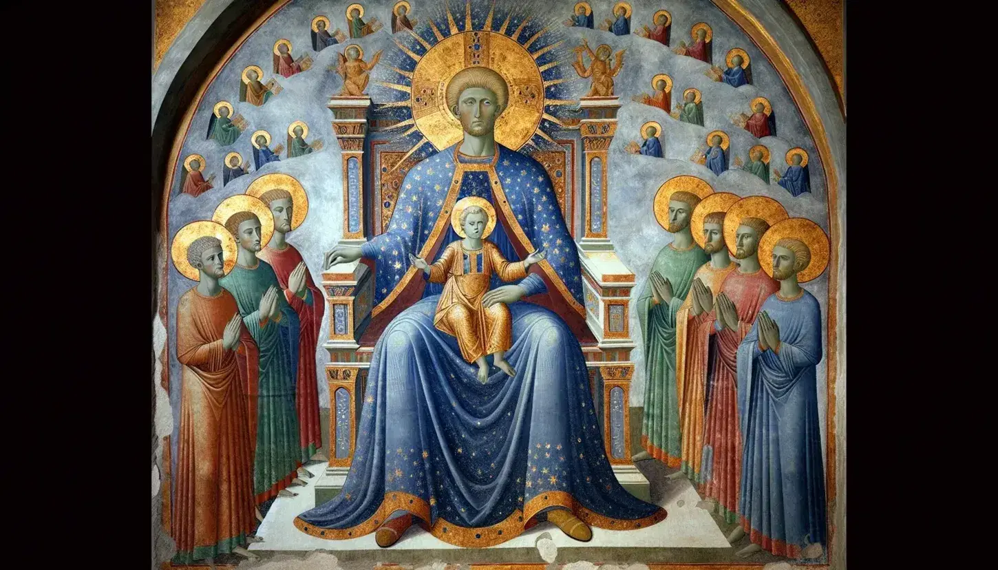Affresco medievale raffigurante figura regale con mantello blu e aureola dorata su trono, circondata da santi con aureole su sfondo azzurro.