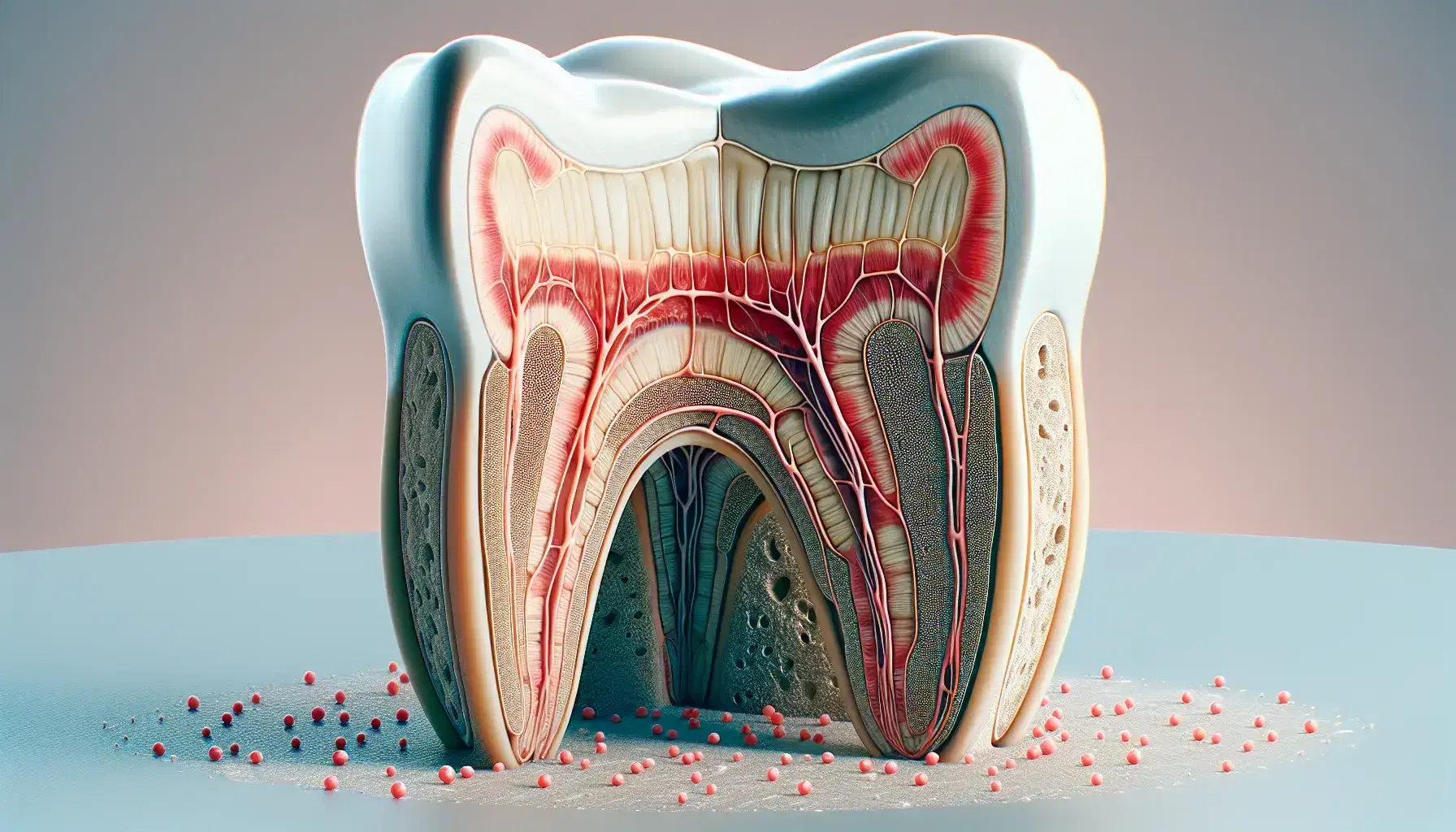 Sección transversal detallada de un diente humano mostrando la pulpa dental con vasos sanguíneos y fibras nerviosas, rodeada de dentina y odontoblastos, sin texto ni personas.