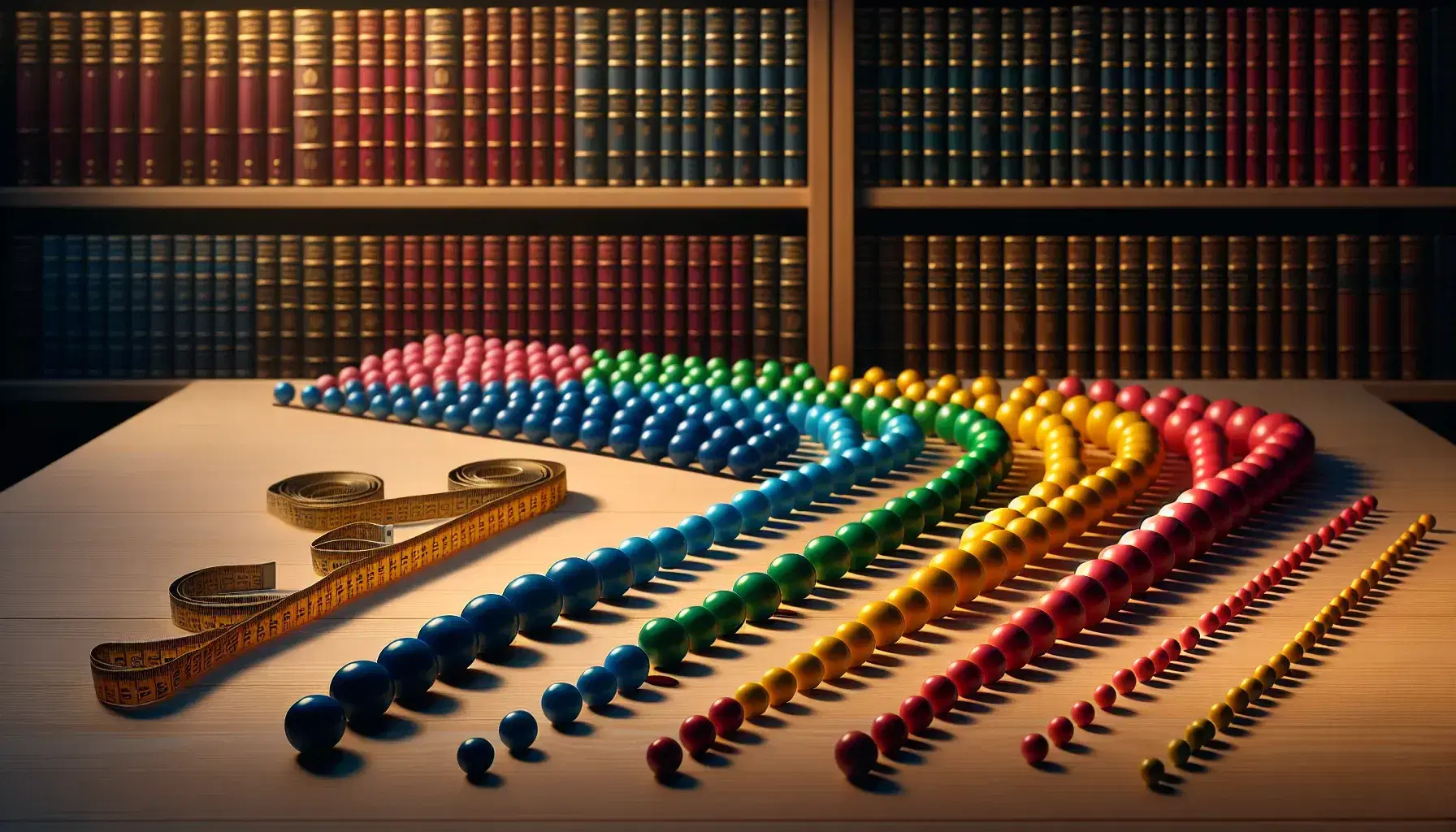 Palline colorate ordinate per colore su tavolo in legno chiaro con metro a nastro metallico e sfondo di libreria sfocata.