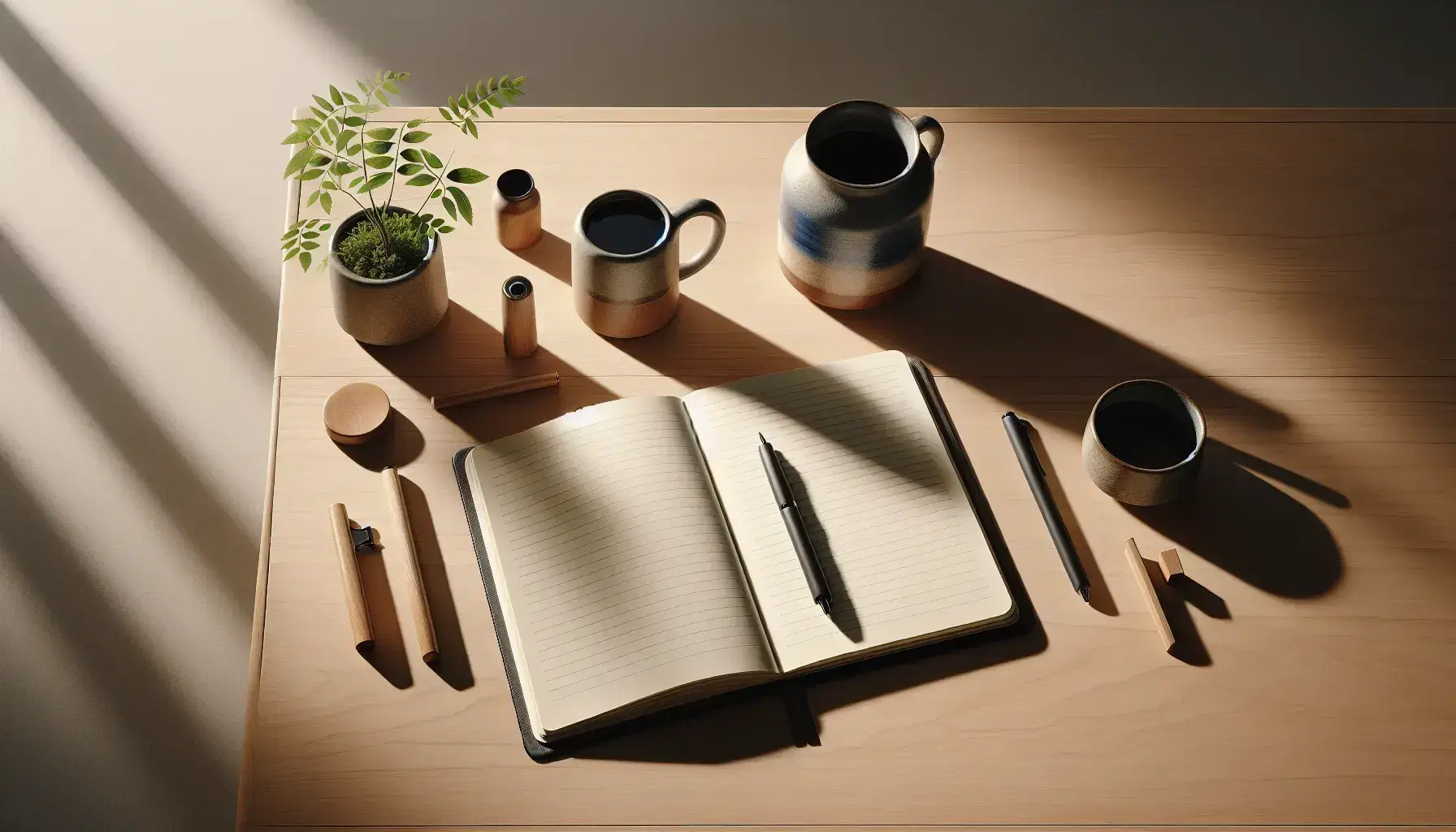 Mesa de madera clara con cuaderno abierto, bolígrafo negro, taza de cerámica con bebida oscura y planta pequeña en maceta terracota bajo luz natural.