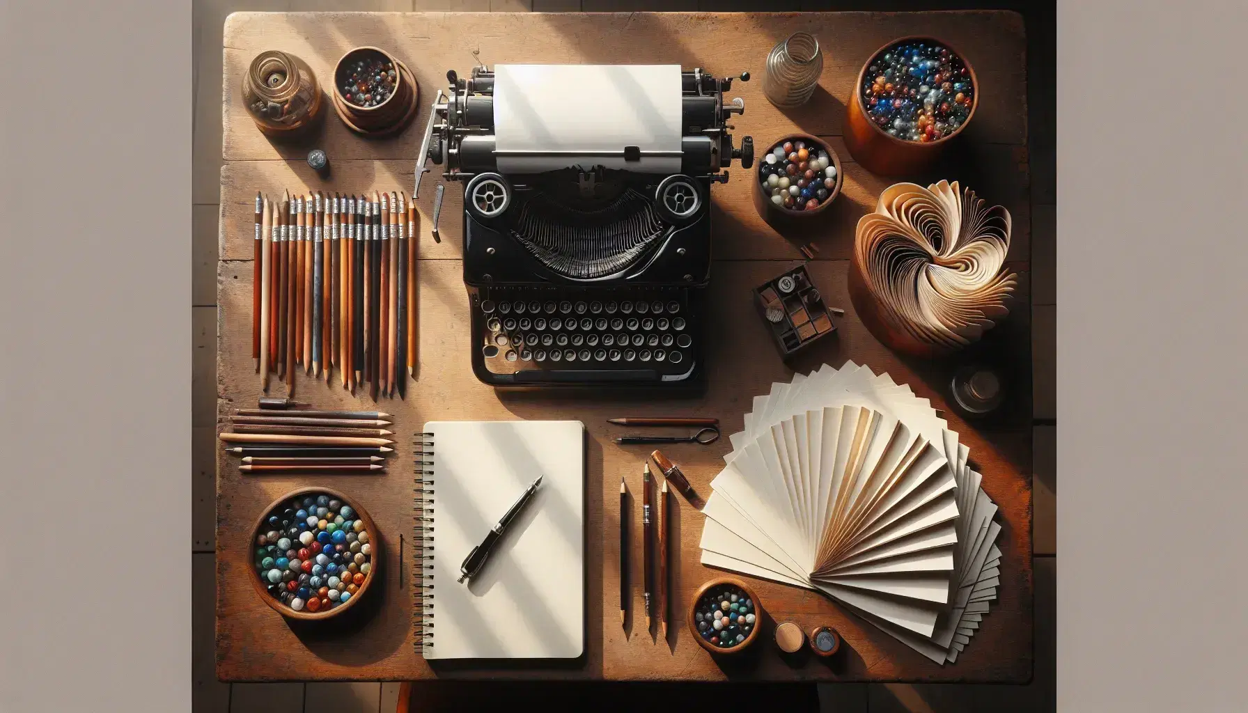 Overhead view of a wooden desk with a vintage typewriter, stack of blank paper, open notebook, pencils, fountain pen, jar of marbles, and a potted plant.