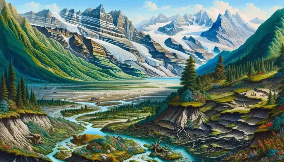 Paesaggio naturale con fiume serpeggiante, vegetazione rigogliosa, montagne innevate in lontananza e lago con riflessi sotto cielo azzurro.