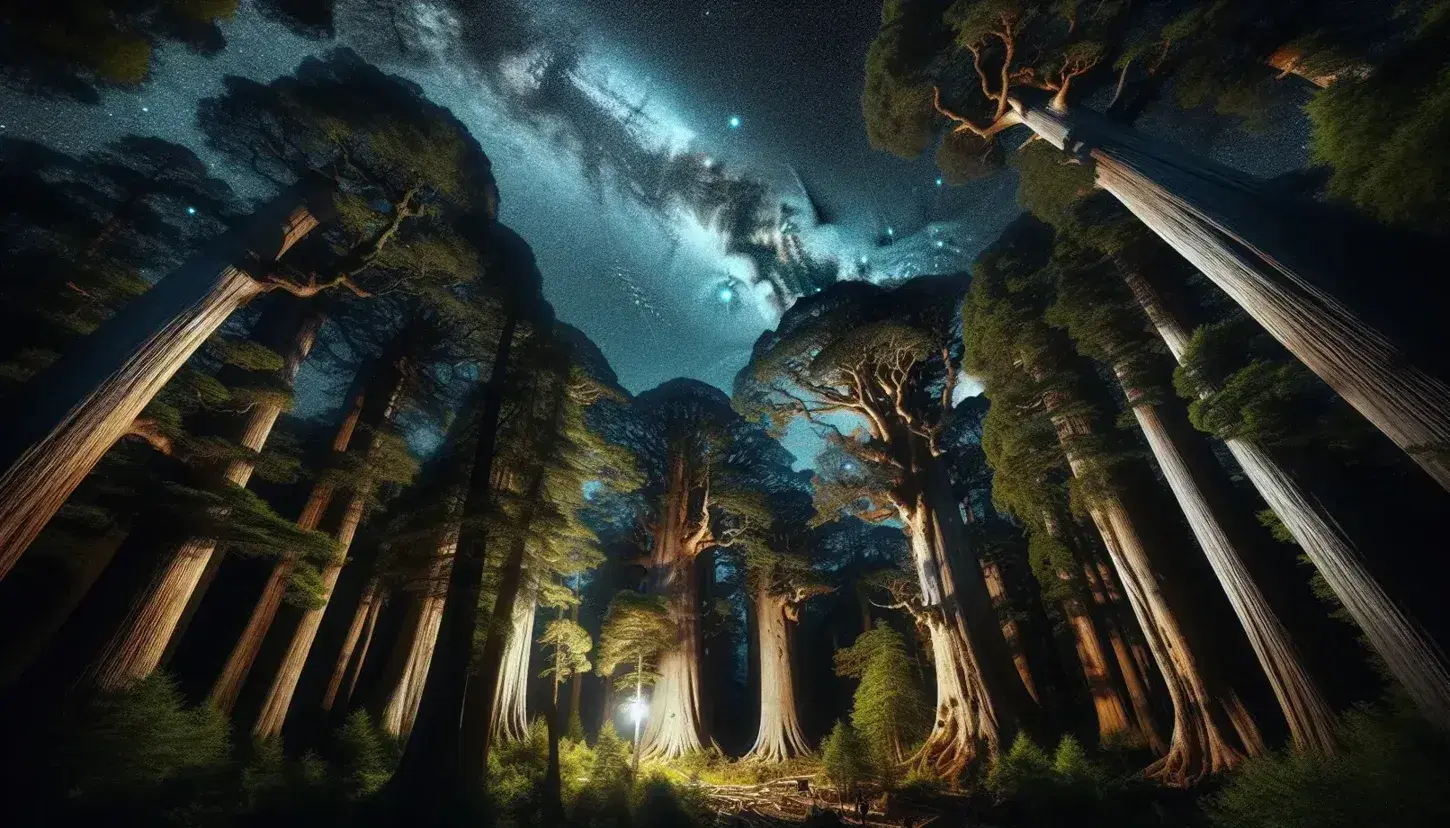 Foresta antica di notte con alberi maestosi sotto un cielo stellato e la Via Lattea visibile, senza segni di presenza umana.