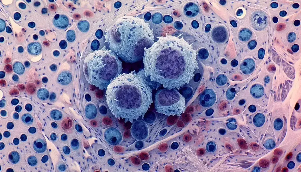Vista microscópica de linfocitos humanos con núcleos azules y citoplasma claro, rodeados de tejido conectivo rosa pálido y fibras entrelazadas.
