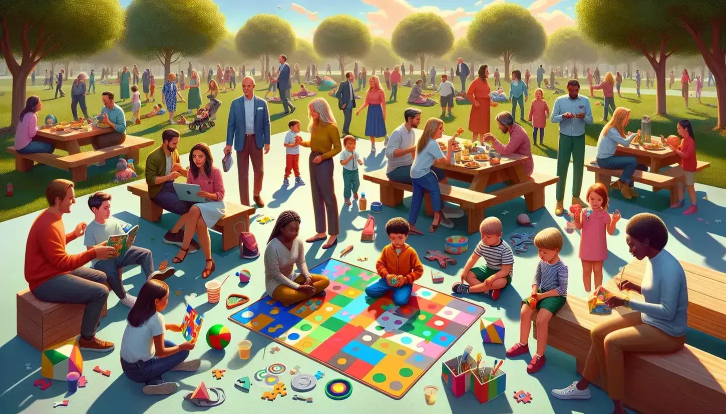 Grupo diverso disfrutando de un día soleado en el parque, niño jugando con rompecabezas colorido, adolescentes y familias interactuando, árboles y cielo despejado de fondo.