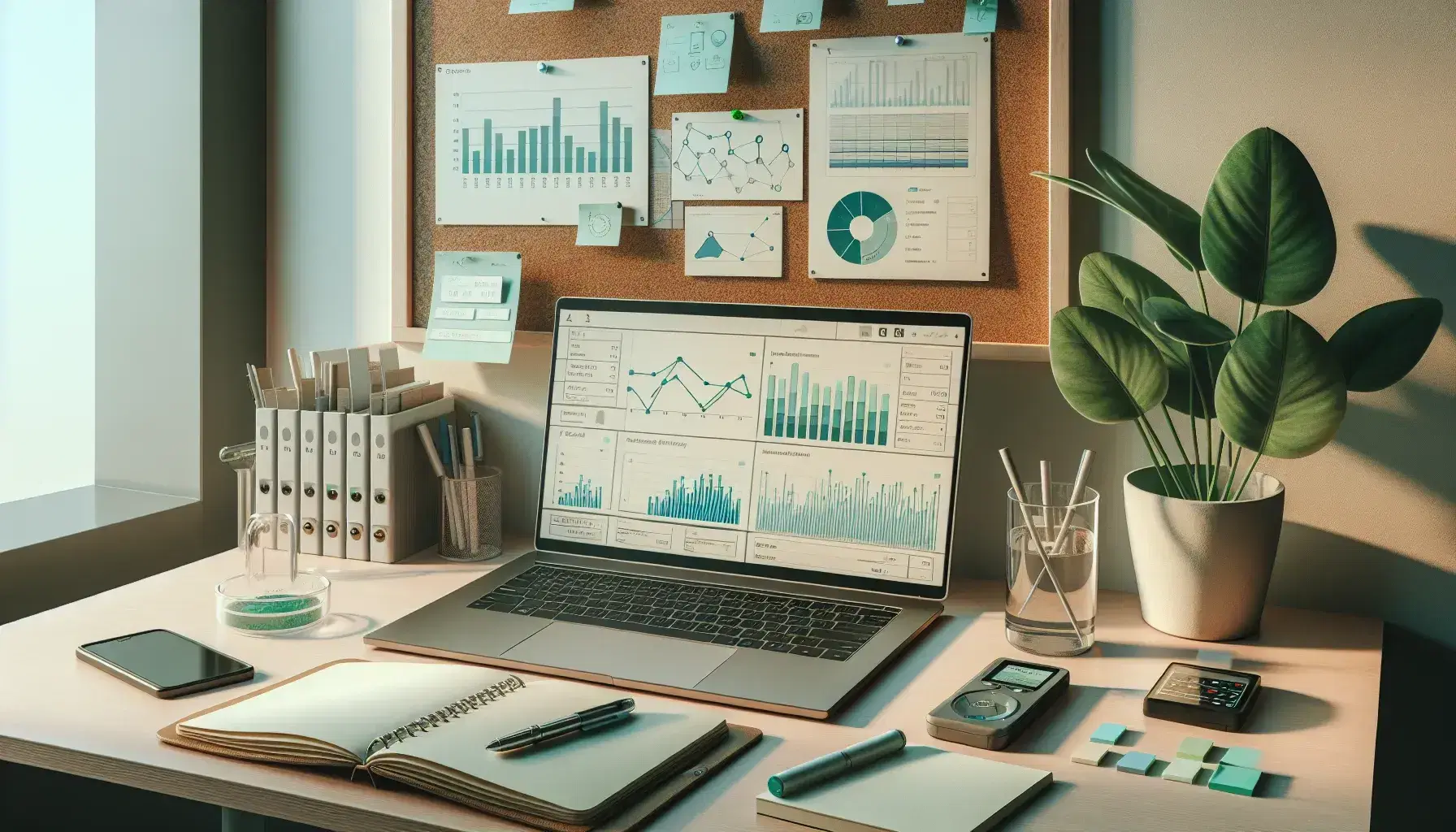 Organized desk in research environment with open laptop showing graphs, notebook, digital recorder, beaker with green liquid and plant.
