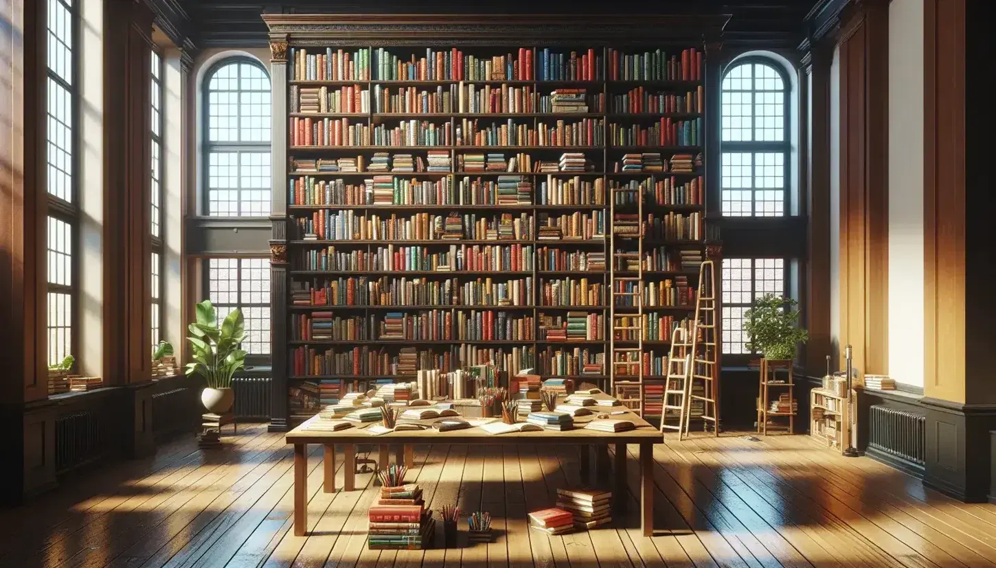 Libreria in legno scuro piena di libri colorati con scala, tavolo con libri aperti e matite, finestra luminosa e pianta verde.