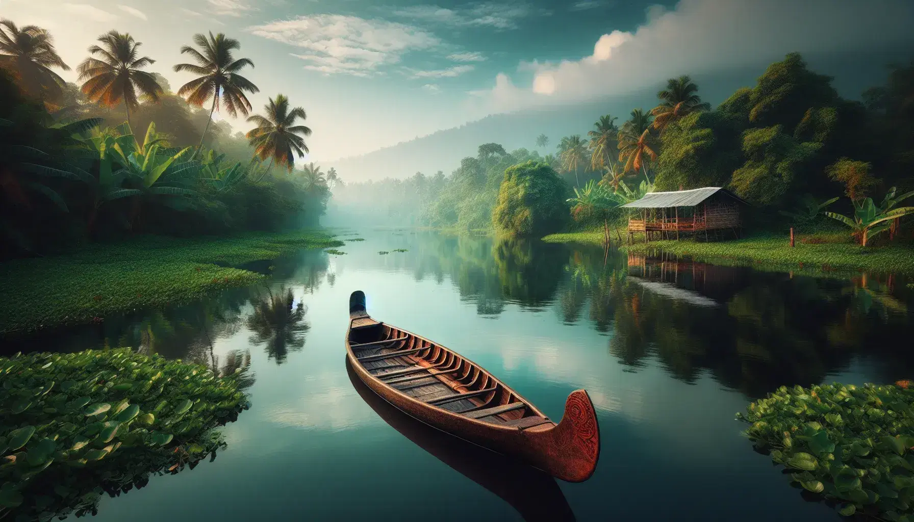 Traditional Keralan canoe floats on calm backwaters amidst lush greenery with a distant house in Kerala, India, reflecting serene tropical beauty.