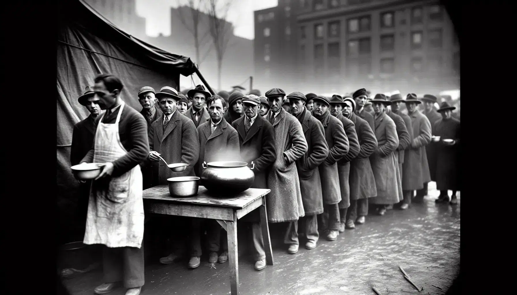 Persone in fila per una zuppa servita da un uomo con grembiule durante la Grande Depressione, in ambiente urbano esterno.