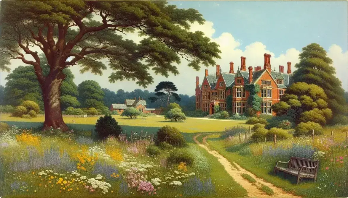 Serene Edwardian countryside with a lush meadow, wildflowers, a grand red-brick country house, manicured garden, and a large tree casting shade over a stone bench.