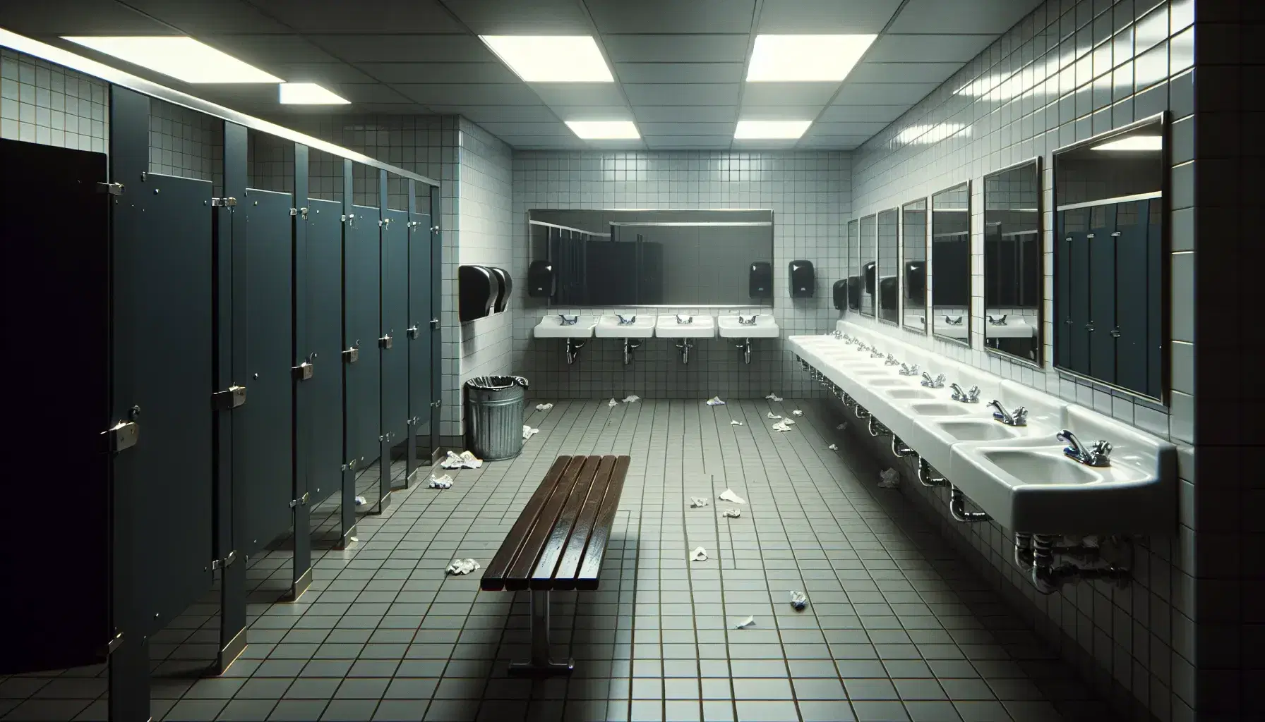 Bagno scolastico con lavandini in acciaio, specchio lungo, panchina in legno, cestino metallico e porte blu dei bagni.