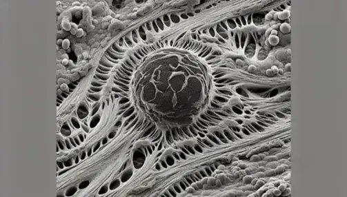 Micrografía electrónica de tejido conectivo mostrando célula central con núcleo oscuro y matriz extracelular con fibras de colágeno entrelazadas en tonos monocromáticos.
