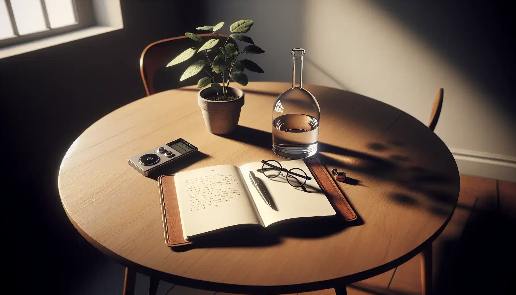Round wooden table with open notebook, silver fountain pen, glass beaker, green plant in terracotta pot, black glasses and gray digital voice recorder.