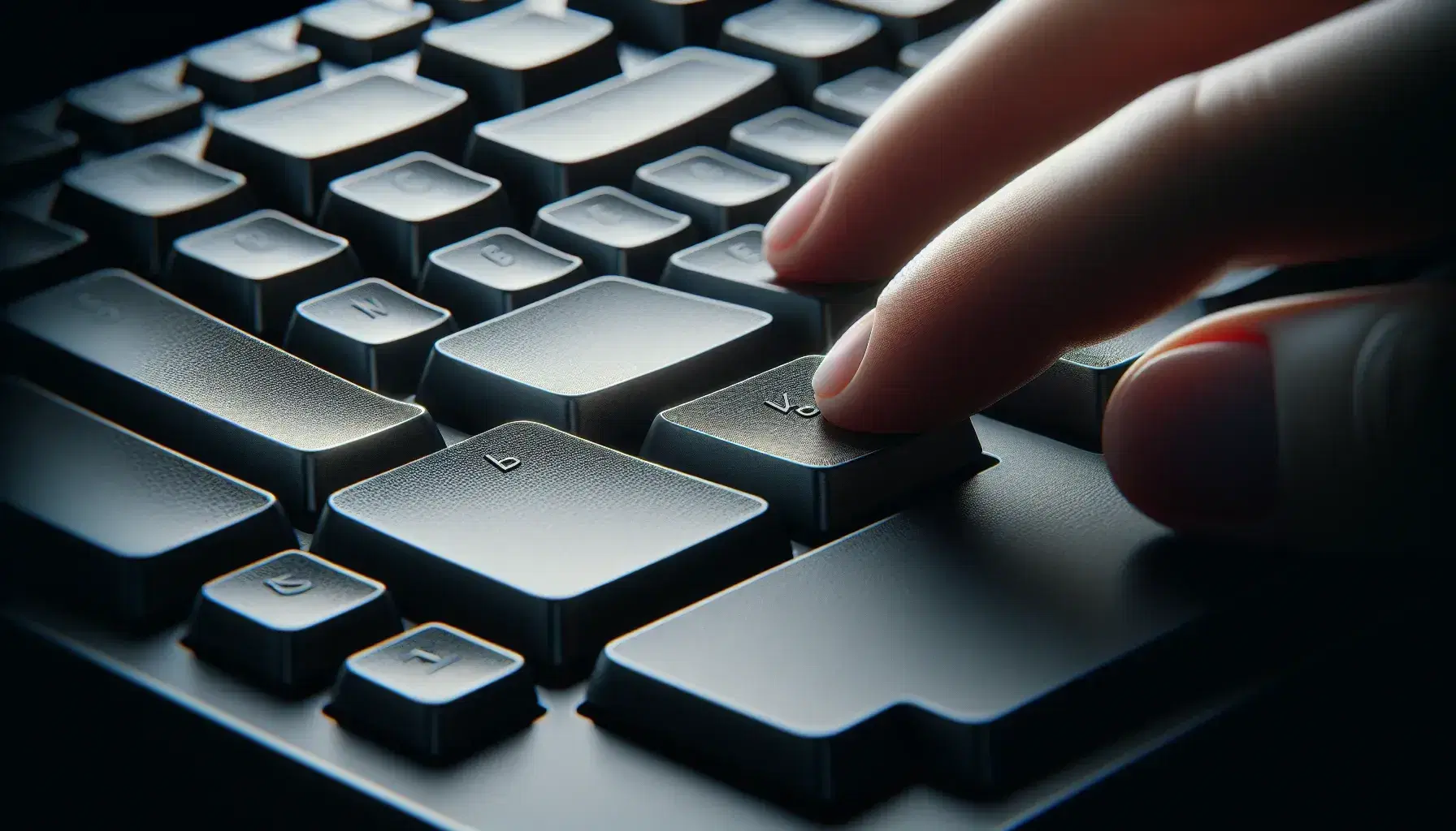 Close-up of a matte black computer keyboard with QWERTY keys and a human finger pressing a key, reflecting a professional feel.