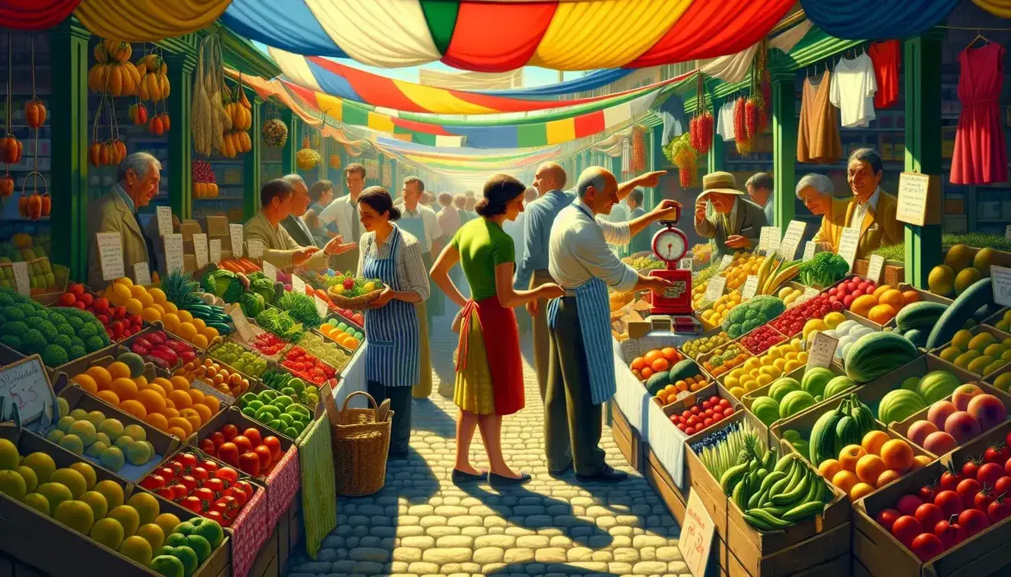 Mercato all'aperto con bancarelle colorate di frutta e verdura, venditore con bilancia e clienti che esaminano i prodotti in una giornata soleggiata.