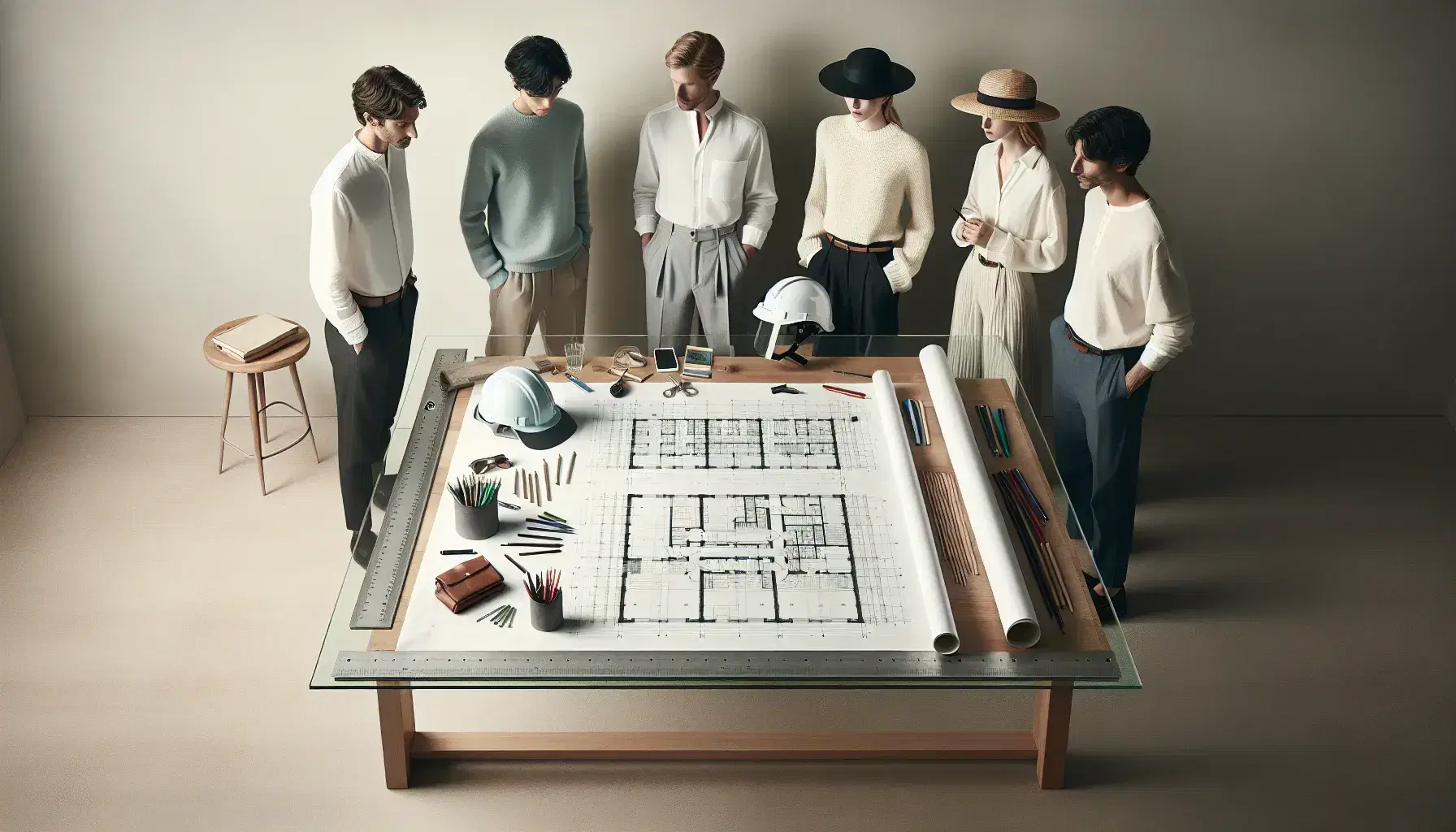 Grupo de cinco profesionales analizando planos arquitectónicos sobre mesa de madera, con casco de seguridad y útiles de dibujo, en ambiente iluminado.