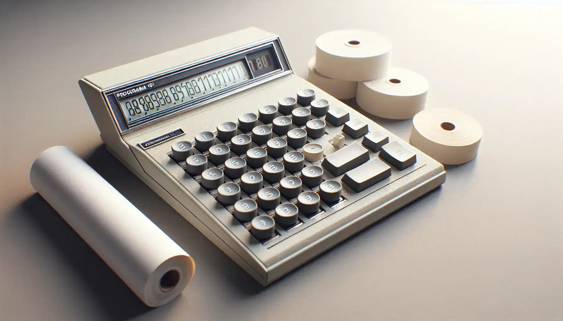 Calcolatrice Programma 101 di Olivetti su superficie neutra con tasti neri e grigi, display spento e rotoli di carta accanto.