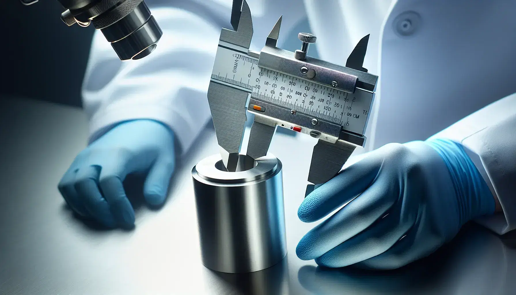 Scientist in lab coat and blue glove precisely measures a metallic cylinder with a stainless steel vernier caliper in a laboratory setting.