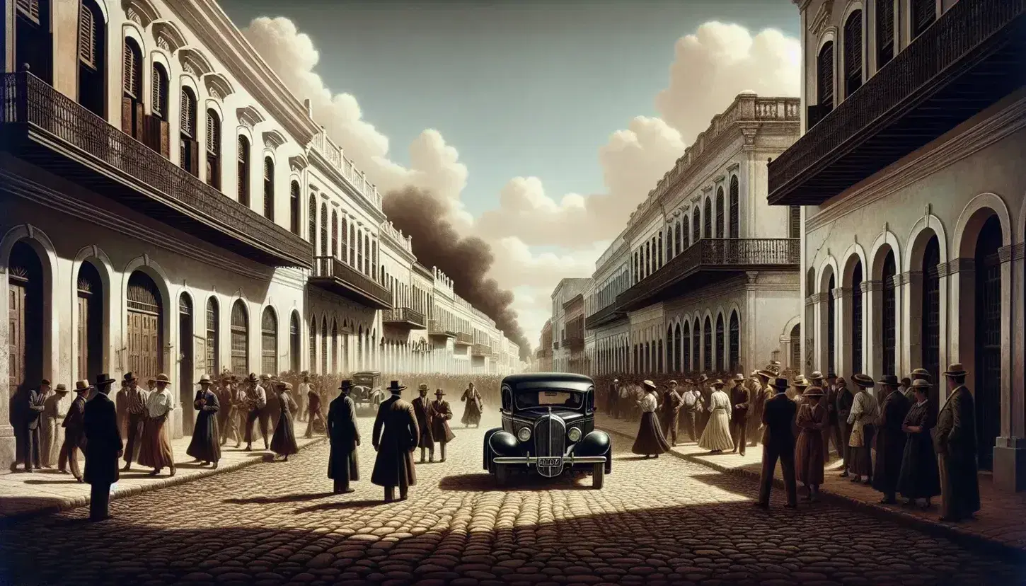 Calle empedrada con edificios coloniales y personas en movimiento, coche vintage detenido y humo al fondo bajo cielo azul.