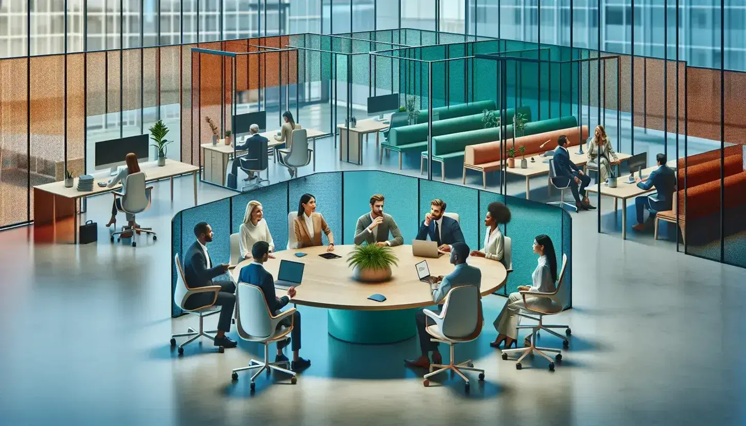 Diverse team collaborates around a circular table in a modern, open-plan office with colorful themed areas and natural lighting.