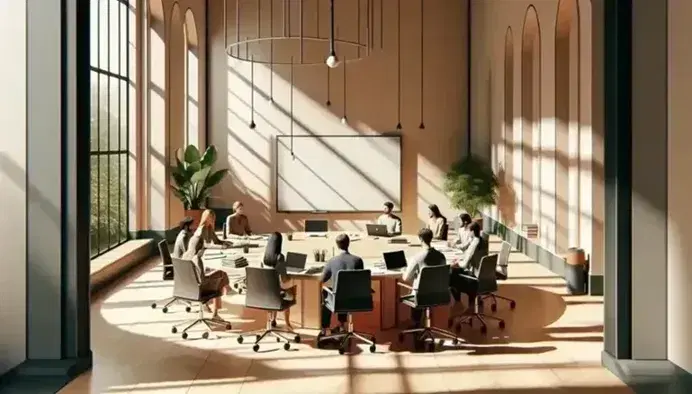 Aula universitaria con luz natural, mesa redonda y seis personas en sillas ergonómicas discutiendo, laptops y papeles sobre la mesa, pizarra limpia y planta verde al fondo.