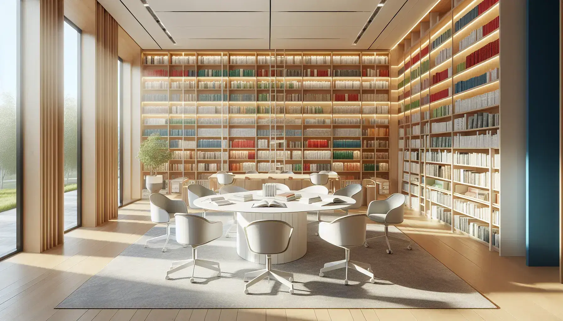 Biblioteca moderna con scaffali in legno chiaro pieni di libri colorati, tavolo ovale bianco con sedie ergonomiche e luce naturale da grande finestra.