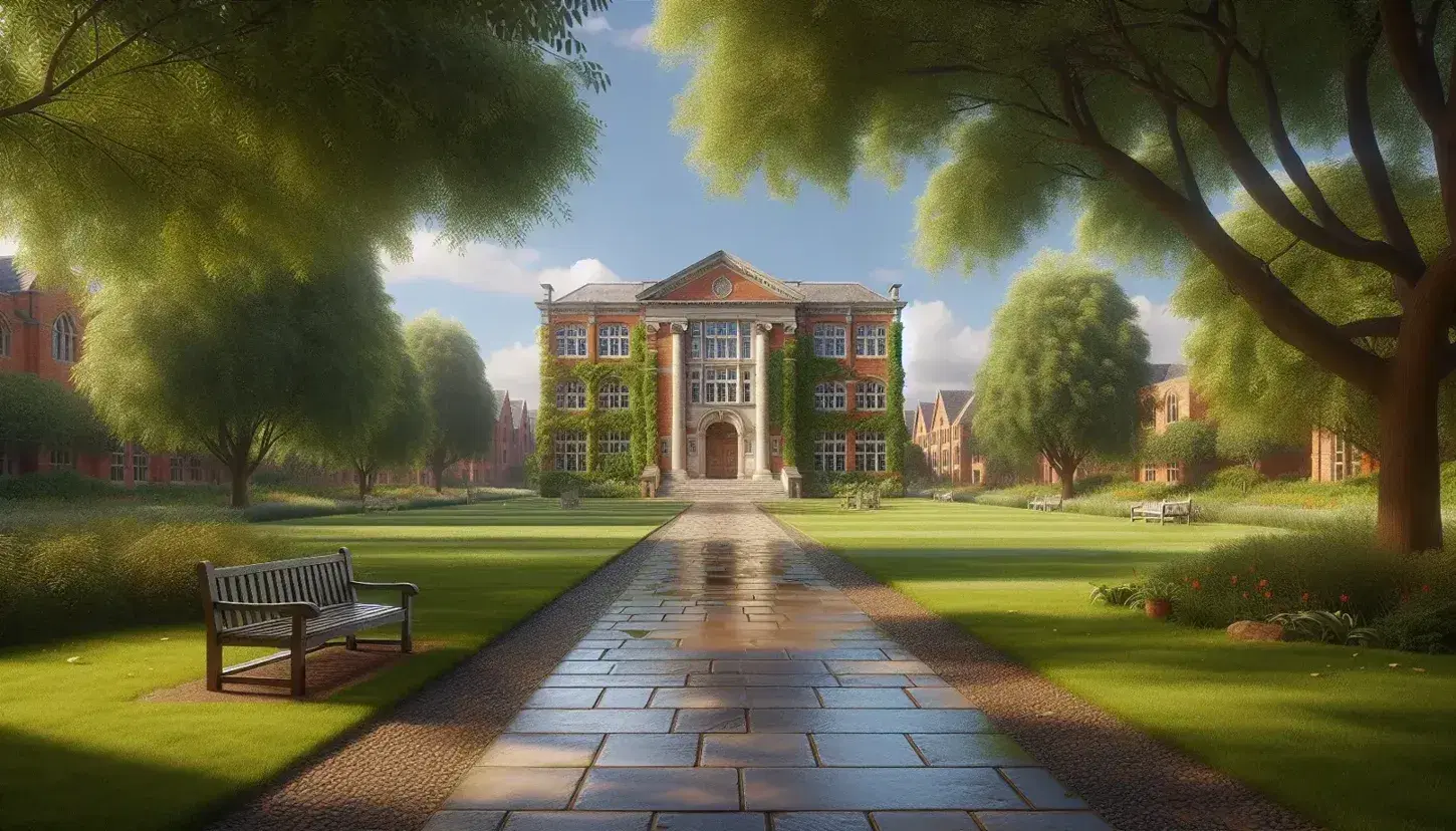 Serene university campus with a cobblestone path leading to a red-brick building, lush greenery, a wooden bench, and a distant lake under a clear blue sky.