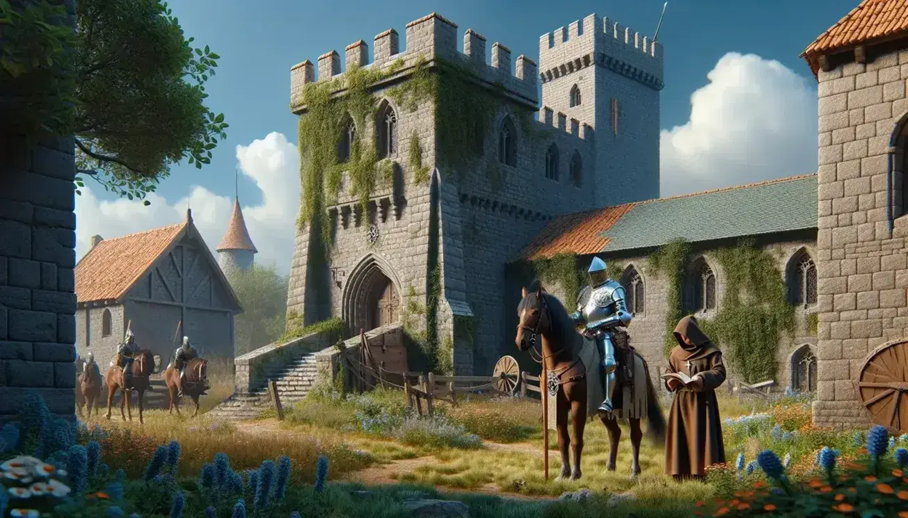 Torre medieval de piedra con hiedra, caballero armado a caballo y monje leyendo, en un paisaje campestre con cielo azul y nubes.