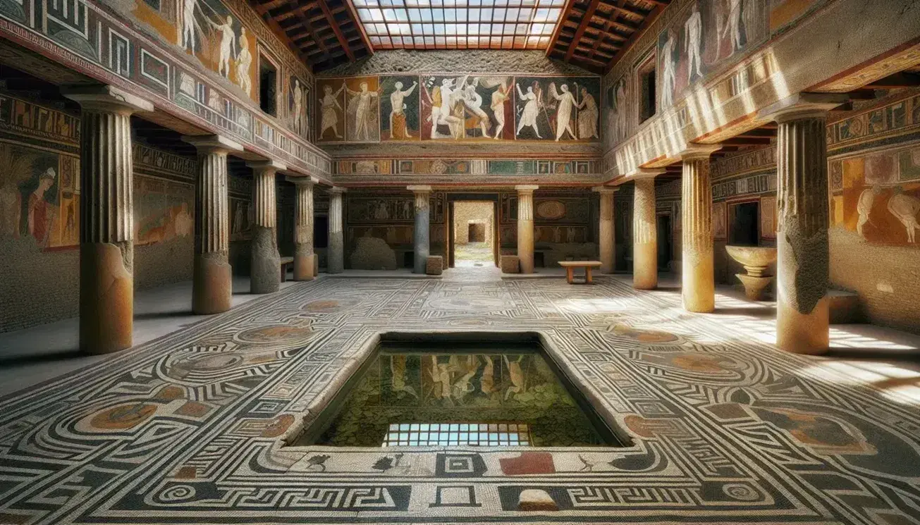 Interno dell'atrio della Casa del Fauno a Pompei con mosaici geometrici e impluvium centrale, colonne in pietra e affreschi vivaci.