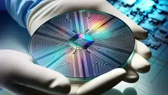 Close-up of a reflective circular silicon wafer with intricate circuitry etched into it, held by gloved hands in a controlled environment.