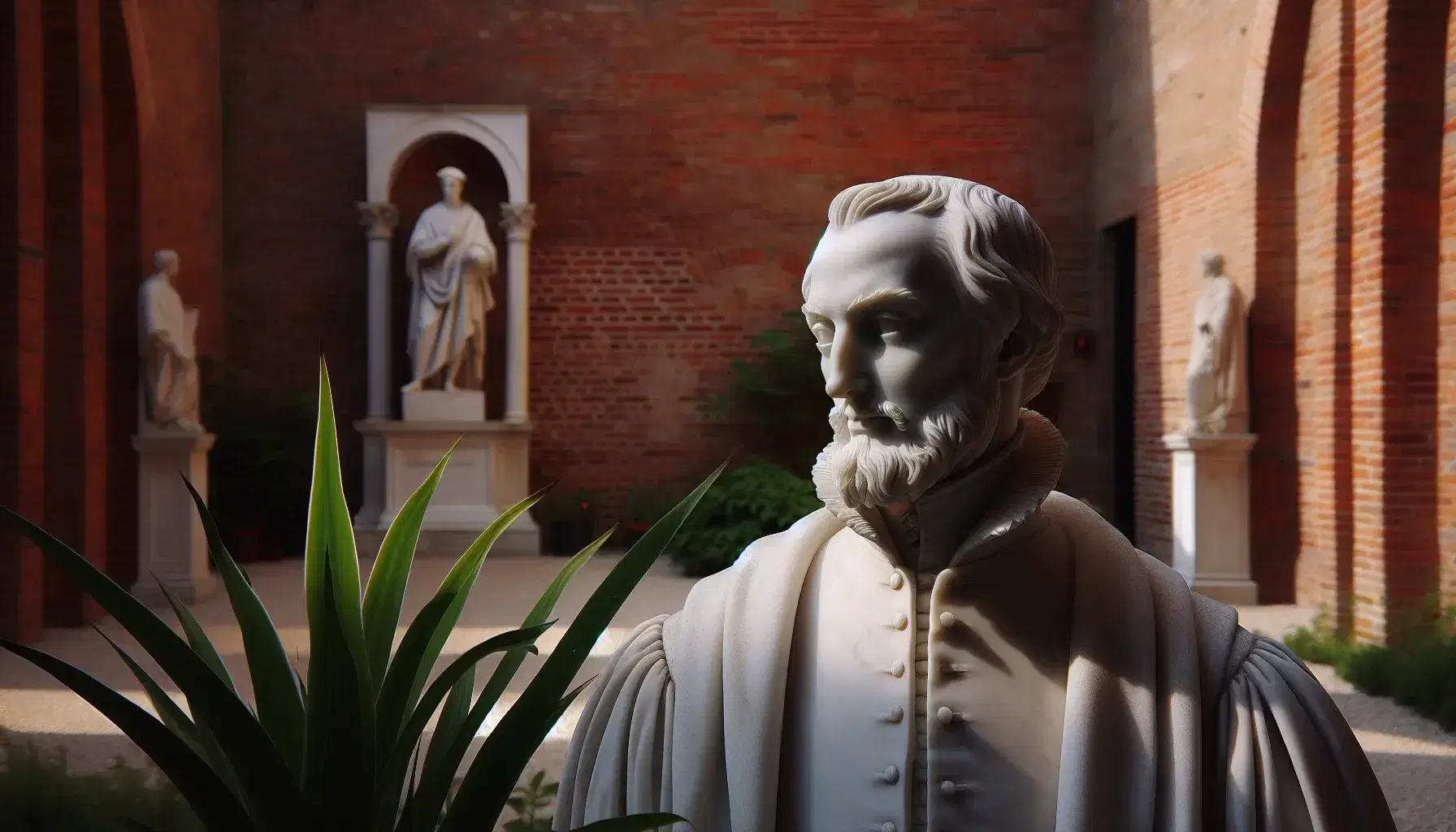 Statua in marmo bianco di filosofo del XVII secolo in abiti d'epoca, con espressione pensierosa, su sfondo di muro in mattoni rossi e pianta verde.